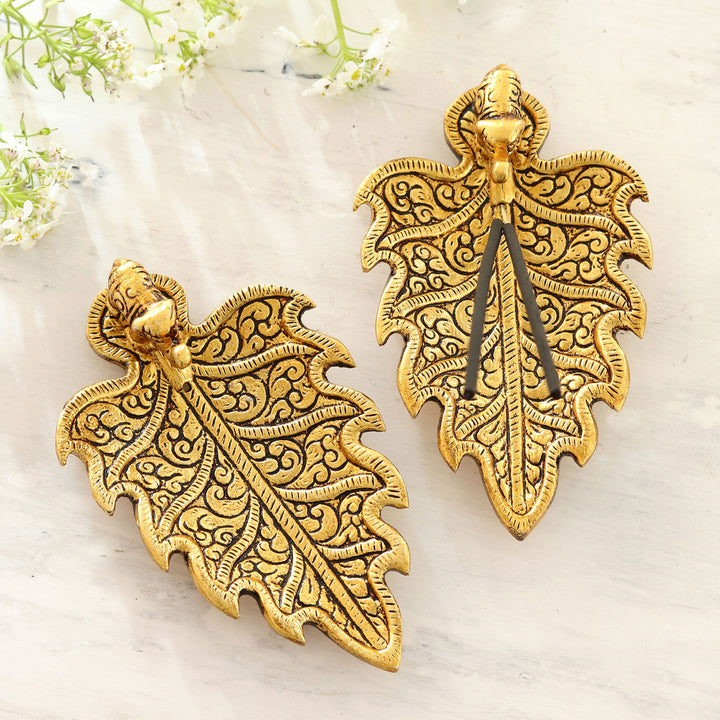 Gold-Toned Leaf Shaped Incense Holders (Pair) - Golden Elephant | NOVICA