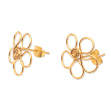 Load image into Gallery viewer, Gold-Plated Button Earrings with Floral Motif - Cheerful Flower | NOVICA
