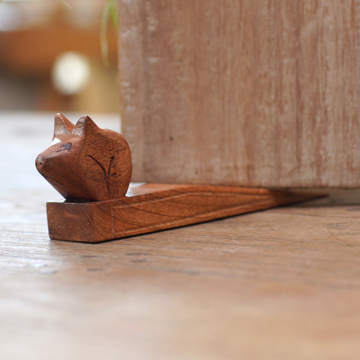 Hand Made Wood Door Stop with Piglet Motif - Polite Piglet | NOVICA