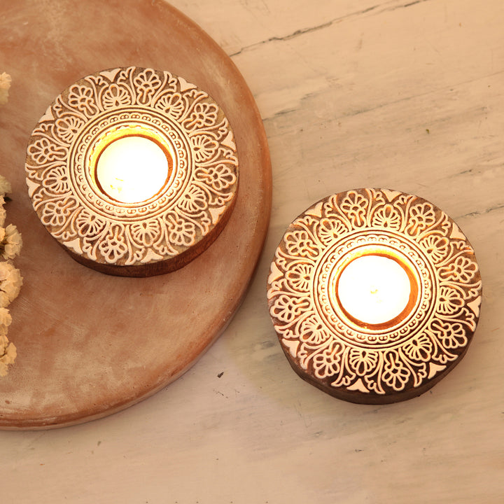 Handmade Mango Wood Tealight Candle Holders (Pair) - Ignite the Flame | NOVICA