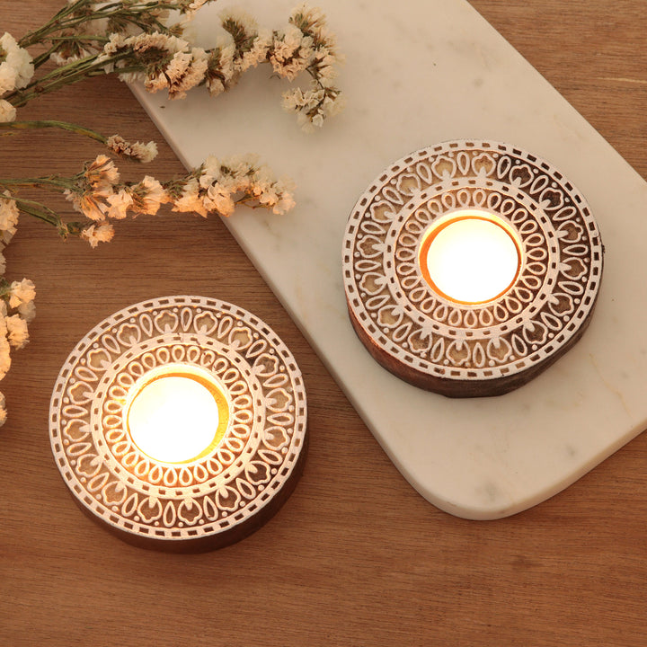 Artisan Crafted Mango Wood Tealight Candle Holders (Pair) - Ignite the Light | NOVICA