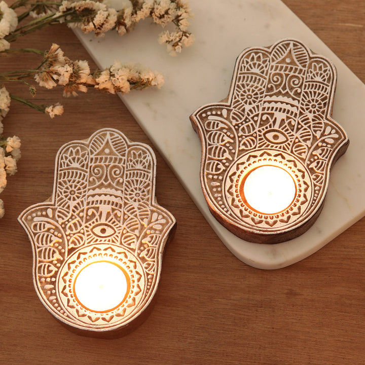 Wood Hamsa Hand Tealight Candle Holders (Pair) - Illuminated Hamsa | NOVICA