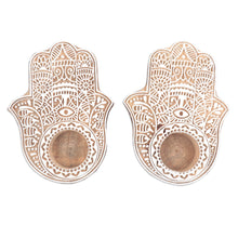 Load image into Gallery viewer, Wood Hamsa Hand Tealight Candle Holders (Pair) - Illuminated Hamsa | NOVICA
