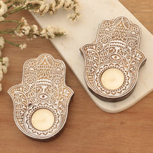 Load image into Gallery viewer, Wood Hamsa Hand Tealight Candle Holders (Pair) - Illuminated Hamsa | NOVICA
