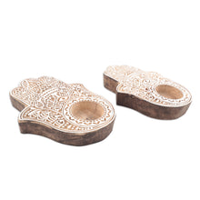 Load image into Gallery viewer, Wood Hamsa Hand Tealight Candle Holders (Pair) - Illuminated Hamsa | NOVICA
