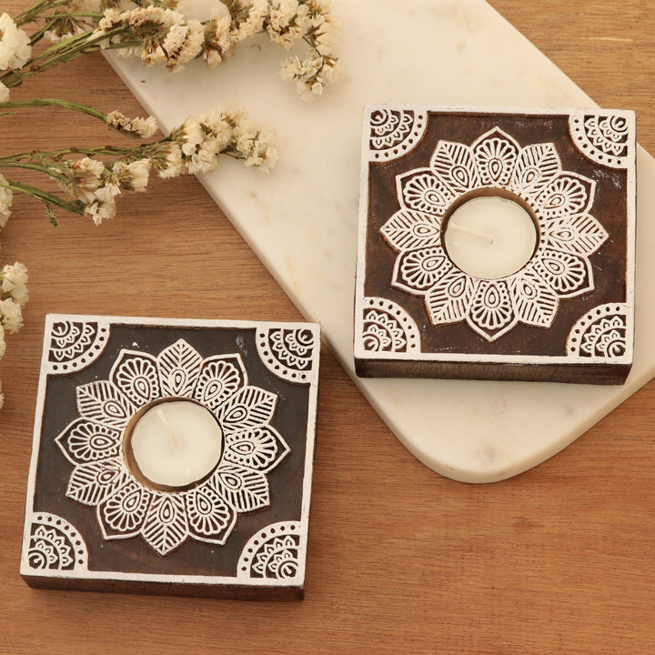 Handmade Mango Wood Tealight Candle Holders (Pair) - Lucid Dream | NOVICA