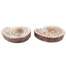 Load image into Gallery viewer, Mango Wood Paisley Tealight Candle Holders (Pair) - Paisley Glow | NOVICA

