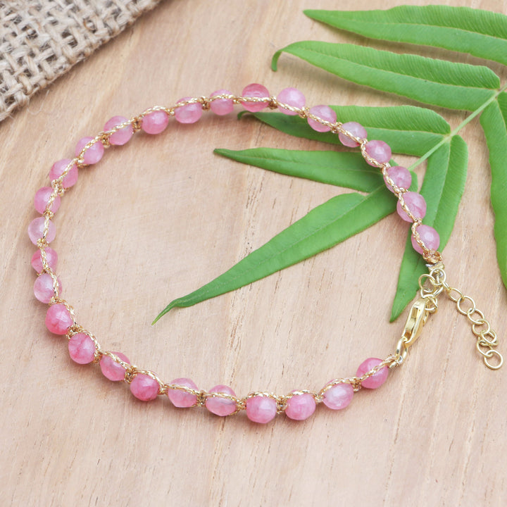 Pink Quartz Bracelet with Gold Plated Clasp - Pink and Gold | NOVICA