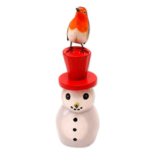 Load image into Gallery viewer, Suar Wood Bird Statuette with Snowman Motif - Waiting for Spring | NOVICA
