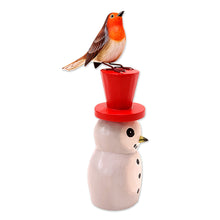 Load image into Gallery viewer, Suar Wood Bird Statuette with Snowman Motif - Waiting for Spring | NOVICA
