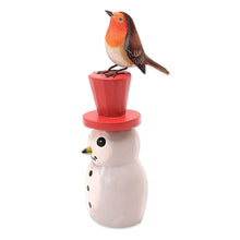 Load image into Gallery viewer, Suar Wood Bird Statuette with Snowman Motif - Waiting for Spring | NOVICA
