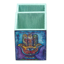 Load image into Gallery viewer, Multicolor Decoupage Hamsa Pine Wood Pencil Holder - Multicolored Hamsa | NOVICA
