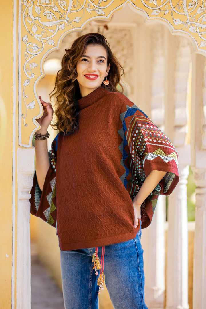 Knit 100% Baby Alpaca Poncho Sweater - Spicy Paprika | NOVICA