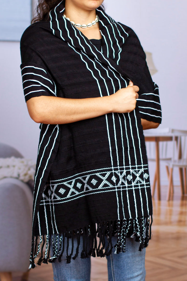 Black & White Backstrap Woven Embroidered Rebozo Shawl - Narrow Night Paths | NOVICA