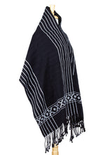 Load image into Gallery viewer, Black &amp; White Backstrap Woven Embroidered Rebozo Shawl - Narrow Night Paths | NOVICA

