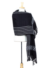 Load image into Gallery viewer, Black &amp; White Backstrap Woven Embroidered Rebozo Shawl - Narrow Night Paths | NOVICA
