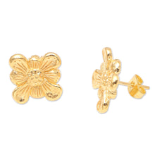 Load image into Gallery viewer, Artisan Crafted Button Earrings in 22k Gold Plate from Bali - Idyllic Blooms | NOVICA
