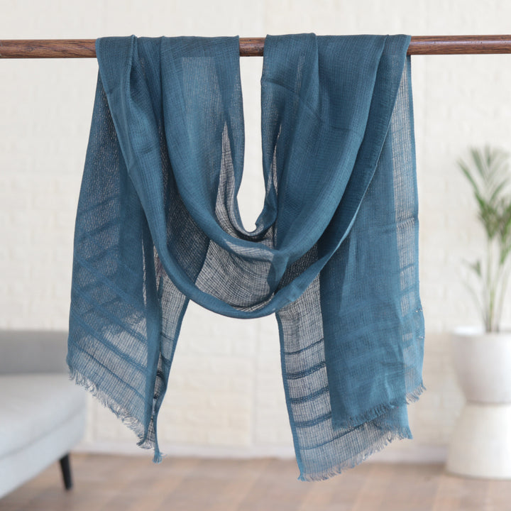 Linen Shawl in Teal Made in India - Dreams in Teal | NOVICA