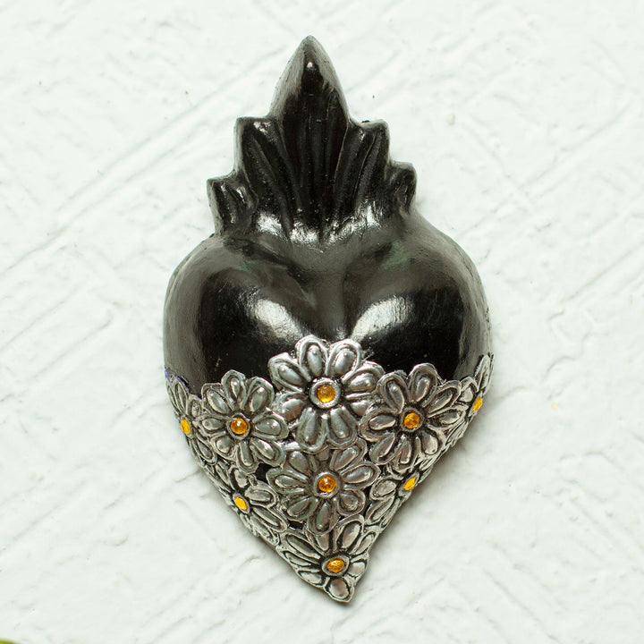 Mexican Heart-shaped Black Ceramic or Barro Negro Wall Art - Miniature Heart Too | NOVICA