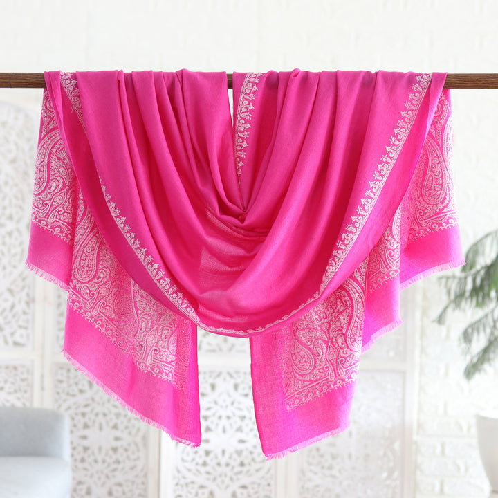 Paisley and Leafy Fuchsia Wool and Silk Shawl from India - Fuchsia Glam | NOVICA