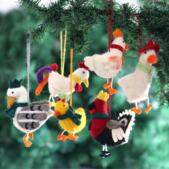 Handcrafted Wool Felt Chicken Geese Ornaments (Set of 6) - Fine Feathered Friends | NOVICA