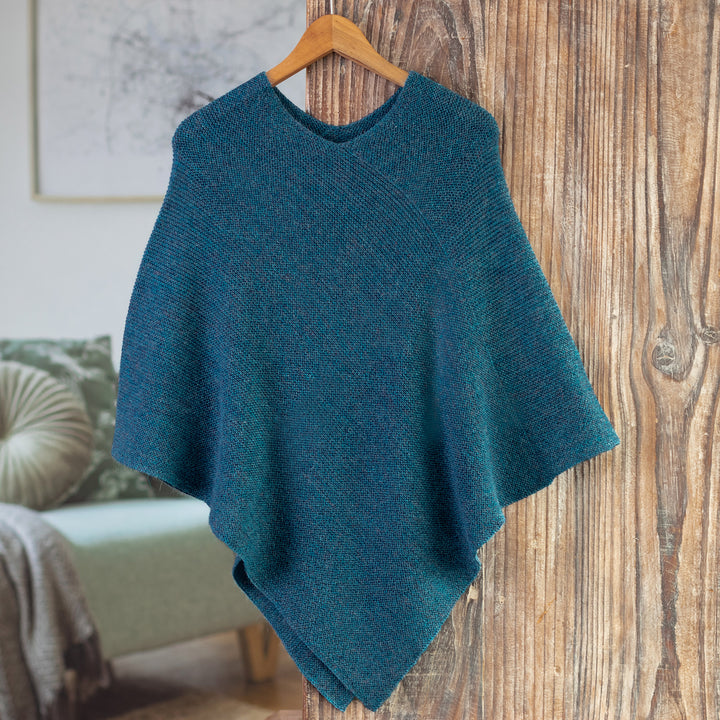 Teal 100% Alpaca Poncho Crafted in Peru - Pacific Waves | NOVICA