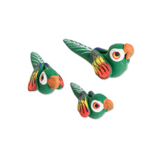 Load image into Gallery viewer, Set of 3 Macaw Ceramic Figurines Handcrafted in Guatemala - Colorful Macaw Reunion | NOVICA
