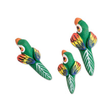 Load image into Gallery viewer, Set of 3 Macaw Ceramic Figurines Handcrafted in Guatemala - Colorful Macaw Reunion | NOVICA
