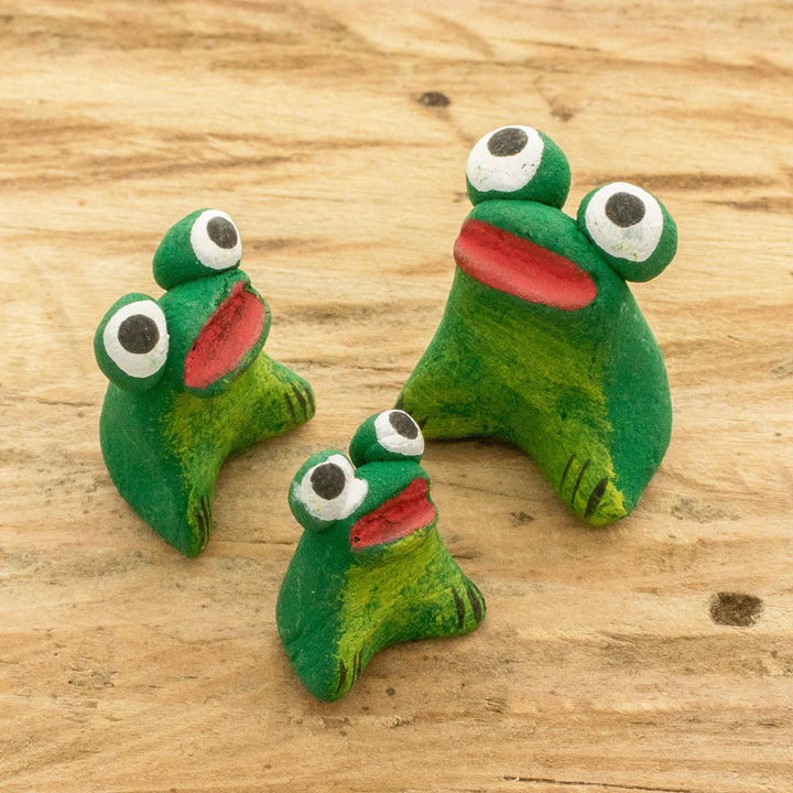 Set of 3 Handcrafted Frog Ceramic Figurines from Guatemala - Frog Reunion | NOVICA