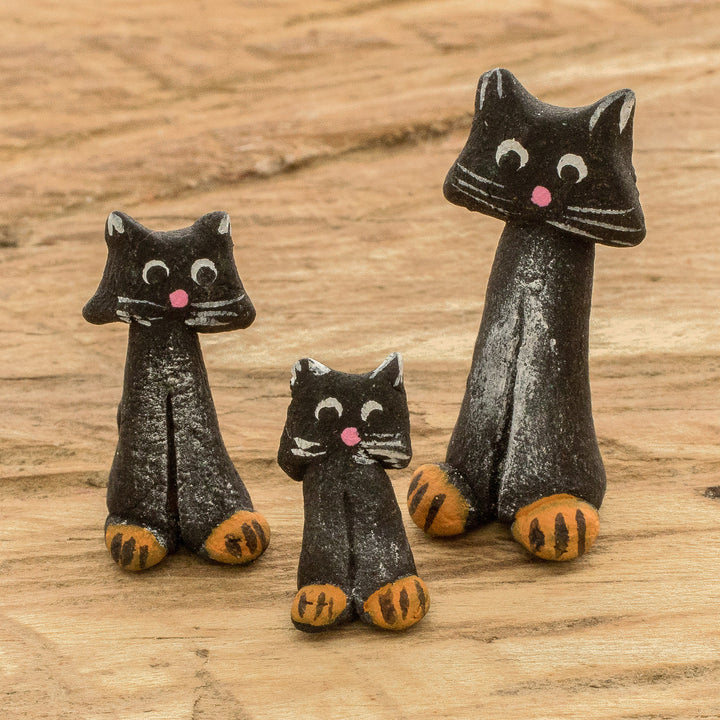 Set of 3 Hand-painted Black Cat-shaped Ceramic Figurines - Black Cat Family | NOVICA