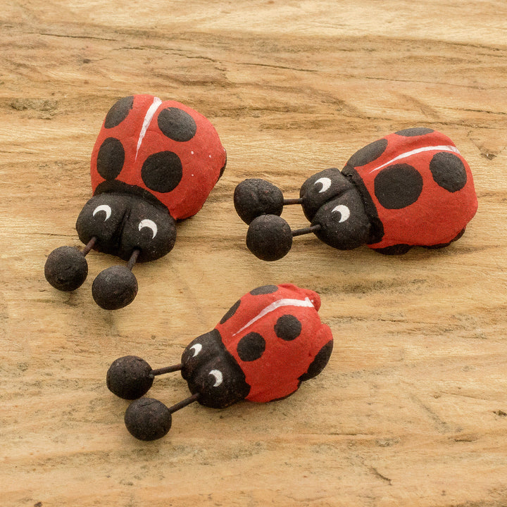 Set of 3 Hand-painted Ladybug-themed Ceramic Figurines - Ladybug Family | NOVICA