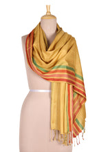 Load image into Gallery viewer, Indian Handloomed Striped Silk Shawl in Mustard - Mustard Charm | NOVICA
