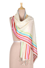 Load image into Gallery viewer, Indian Handloomed Striped Silk Shawl in Alabaster - Alabaster Charm | NOVICA
