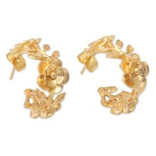 Load image into Gallery viewer, 22k Gold-Plated Half-Hoop Earrings with Floral Details - Aura of the Golden Flower | NOVICA
