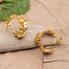 Load image into Gallery viewer, 22k Gold-Plated Half-Hoop Earrings with Floral Details - Aura of the Golden Flower | NOVICA
