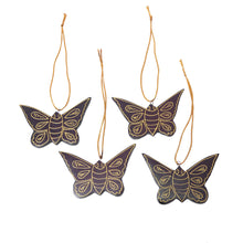 Load image into Gallery viewer, Set of 4 Mahogany Wood Butterfly Ornaments from Bali - Charmed Butterflies | NOVICA
