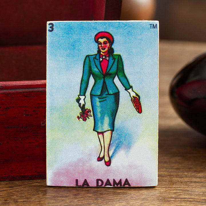 Decoupage Wooden Magnet With Mexican Loteria Card Motif - The Lady | NOVICA