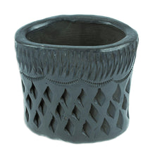 Load image into Gallery viewer, Barro Negro Black Ceramic Mini Flower Pot Handmade in Mexico - Oval &amp; Diamonds | NOVICA
