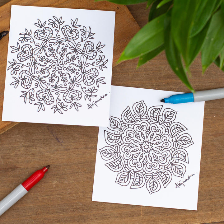 Mexican Mandala Coloring Postcards with Leaf Motifs (Pair) - Relaxing Leaves | NOVICA