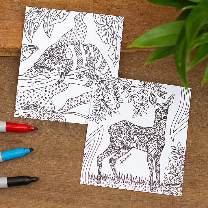 Mexican Wildlife Themed Coloring Postcards (Pair) - Nature's Emotion | NOVICA