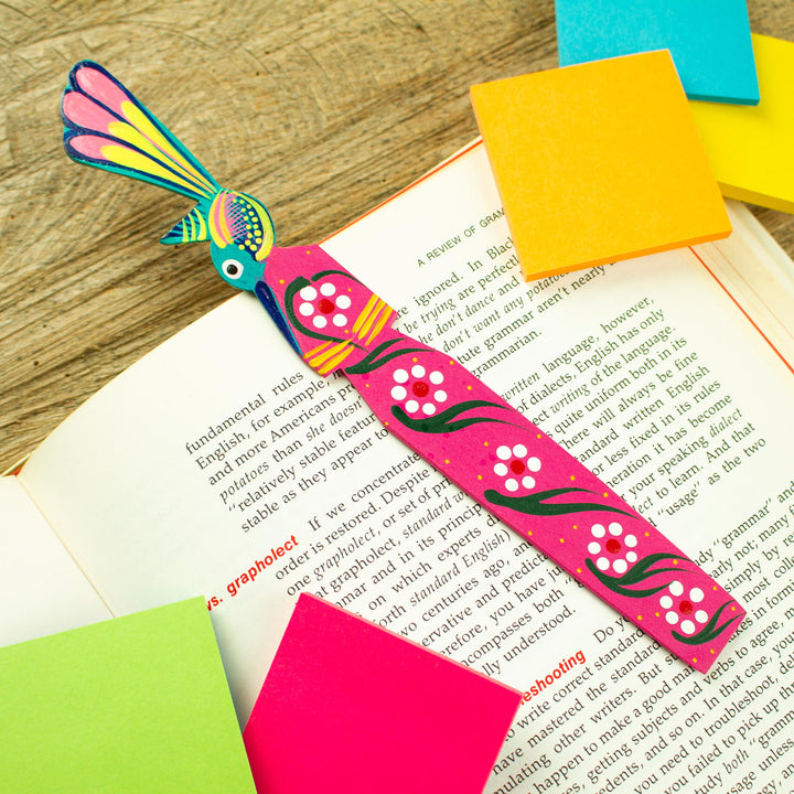 Handmade Floral Bird-Themed Copal Wood Bookmark from Mexico - Reading Hummingbird | NOVICA