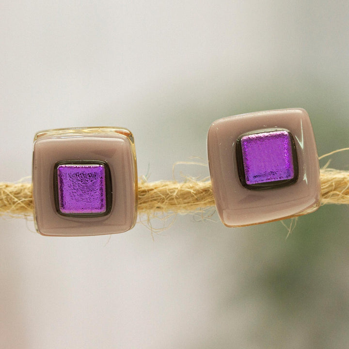 Purple Fused Glass Mosaic Stud Earrings Handmade in Mexico - Lilac Dichroic | NOVICA