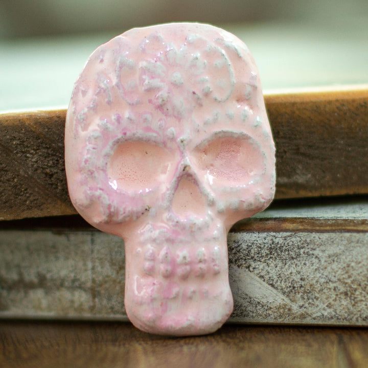 Light Pink Day of the Dead Skull Ceramic Magnet from Mexico - Skull in Pink | NOVICA