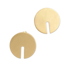 Load image into Gallery viewer, Brushed-Satin Finished Minimalist Brass Button Earrings - Solar Future | NOVICA
