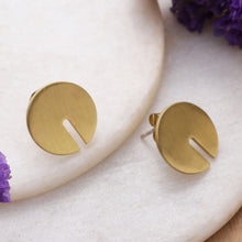 Load image into Gallery viewer, Brushed-Satin Finished Minimalist Brass Button Earrings - Solar Future | NOVICA
