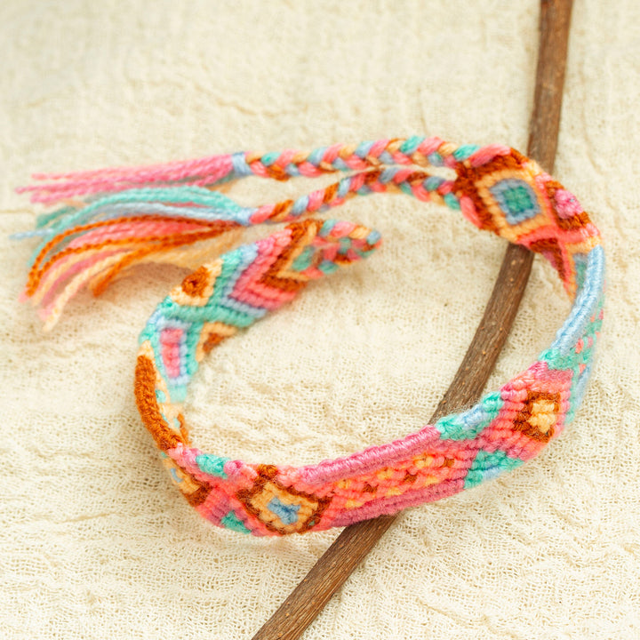 Handwoven Cotton Wristband Bracelet with Geometric Motifs - Pink Geometry | NOVICA