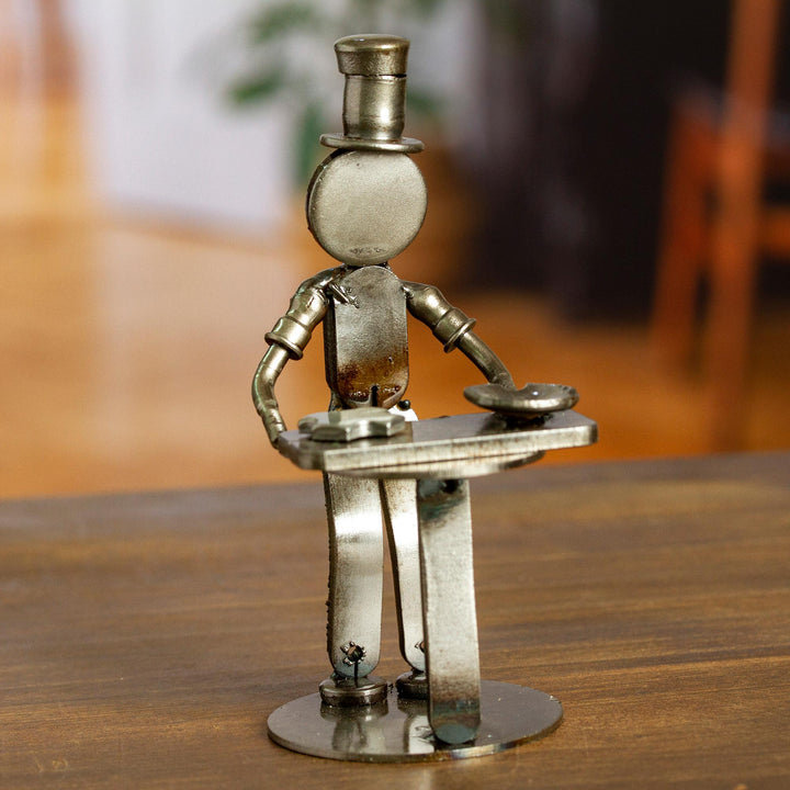 Handcrafted Recycled Scrap Metal Chef Statuette from Mexico - Eco-Friendly Taste | NOVICA