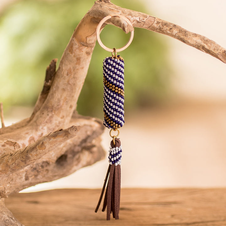 Beaded Leather Keychain and Bag Charm Handmade in Guatemala - Tranquil Ocean | NOVICA