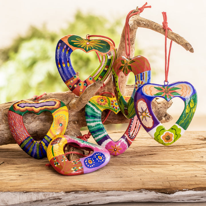 Set of 6 Handmade Ceramic Heart Ornaments in Colorful Tones - Flora and Fauna Heart | NOVICA