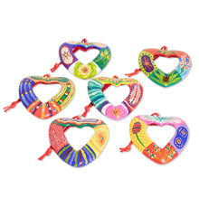 Load image into Gallery viewer, Set of 6 Handmade Ceramic Heart Ornaments in Colorful Tones - Flora and Fauna Heart | NOVICA
